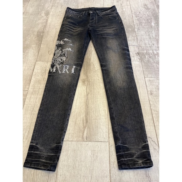 Amiri Mens Black Denim Angel Embroidered Slim Fit Jeans Size 28 - Picture 4 of 10